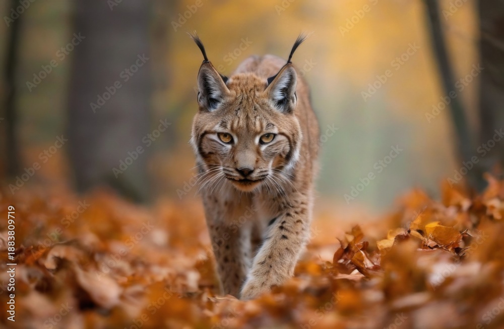 Obraz premium Lynx walking through autumn forest with orange and yellow leaves, blurred woodland background.