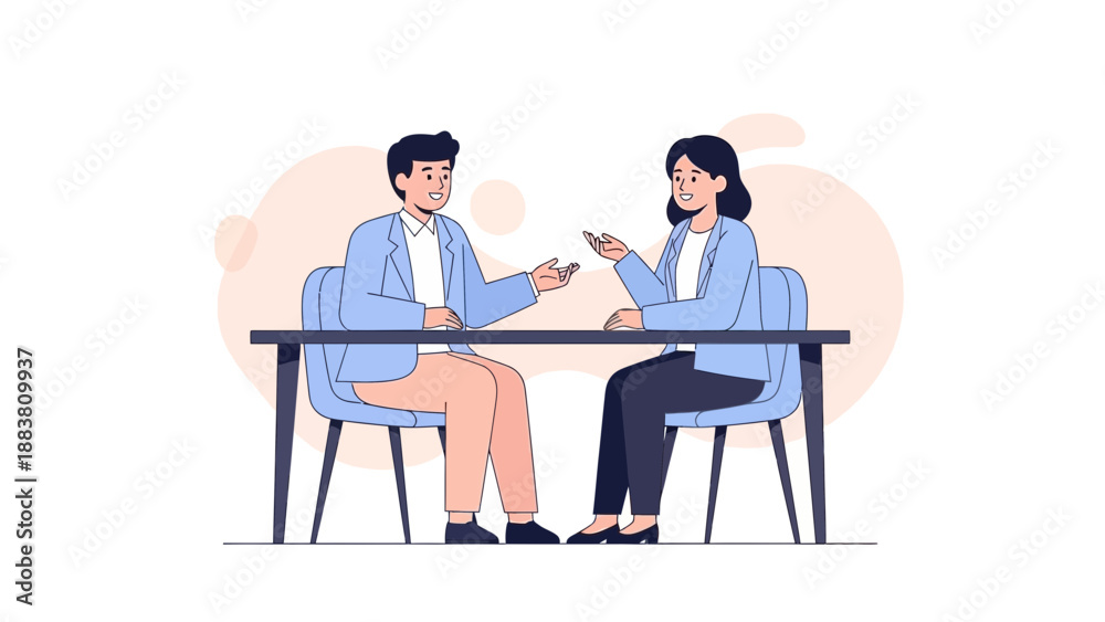 Fototapeta premium Business Meeting Illustration: Two People Discussing Ideas at a Table