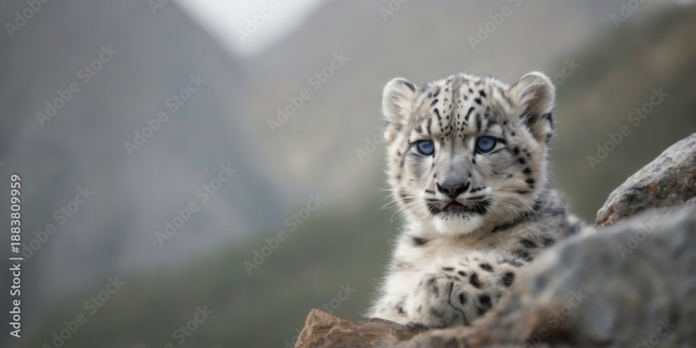 Obraz premium Snow Leopard Cub Sitting on Rocky Surface with Curious Expression, Surrounded by Mountainous Landscape. Peaceful and Serene Scene.