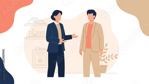 Business Meeting Illustration: Two People Discussing Ideas in Office