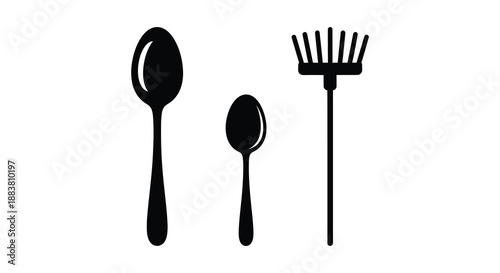 a minimalist illustration showcasing a spoon a small sphere and a rake presented as a striking silhouette