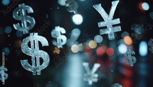 Floating metallic currency symbols, American dollars and Japanese Yen, over a blurred street background