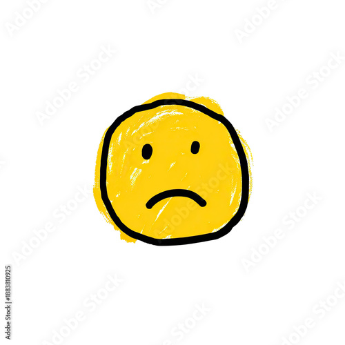 A cartoonish depiction of a sad yellow face with scribbled lines, set against a solid black backdrop
