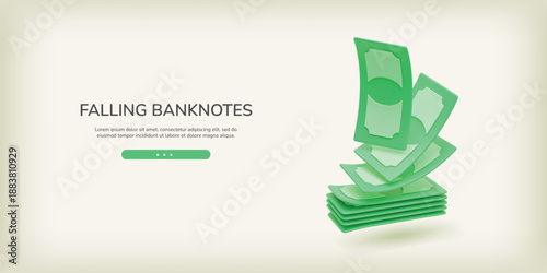 3D banner with green banknotes falling to bundle. Realistic stack of money. Vector paper currency flyer for finance, earning and wage. Paper money cash payment web page. Money management concept