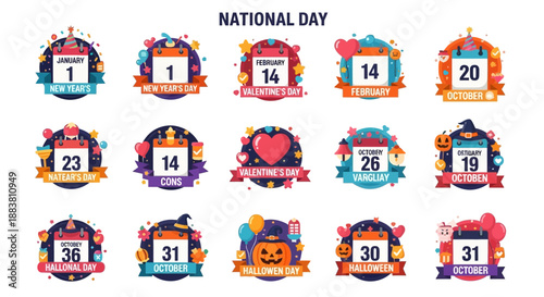 A collection of colorful icons and illustrations celebrating various Fun National Days, including Freedom Day, with symbols, logos, and numbers on a white background.