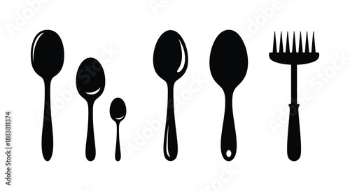 a collection of various spoon and fork shapes displayed in a simple elegant silhouette style