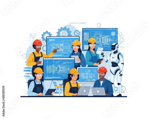 AI Collaborative Engineering Team. Robot and industrial workers planning with digital blueprints. Future construction automation and smart technology concept flat vector illustration.
