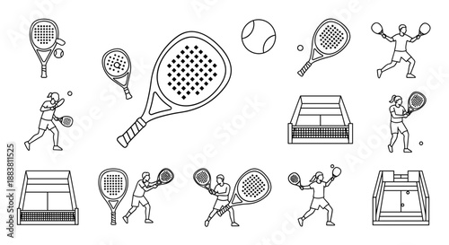 Tennis icons set with players and equipment illustrations.