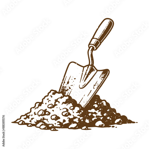 Drawing Vintage grunge  texture Brown shovel stuck in a pile of dirt on white background