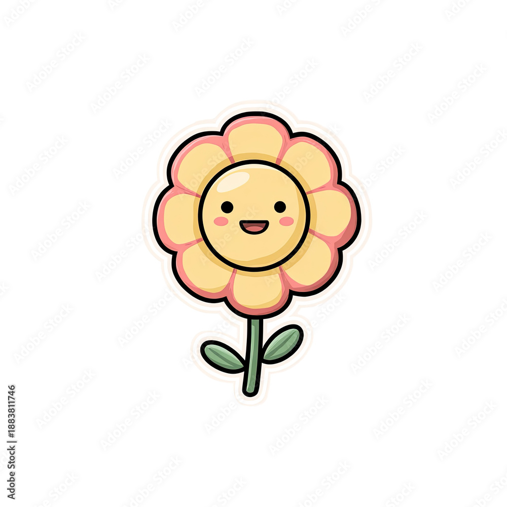 Obraz premium Adorable cartoon flower with smiling face, yellow petals, and green stem against a dark background