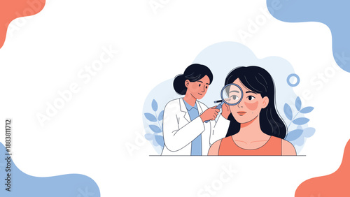 Dermatologist examining a patient skin using a magnifying glass to check for issues or moles in a professional medical office setting.