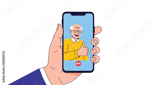 Hand holding a smartphone displaying an elderly man giving a thumbs up during a video call representing communication for senior people.