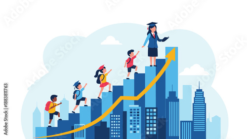 Diverse group of young students climbing a bar chart staircase towards graduation led by a teacher over a modern city background.