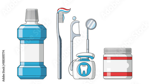 Collection of dental hygiene products including mouthwash, toothbrush with toothpaste, dental floss, and a mirror on a white background.