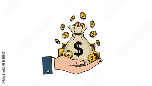 Businessman hand holding a large sack of money with gold coins falling out and stacked behind it representing wealth and profitability.