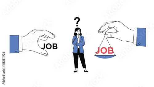 Woman standing between two giant hands offering different job opportunities while she thinks about her career path and future choice.