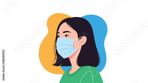 Side profile portrait of a young woman wearing a blue surgical face mask for protection against a colorful blue and yellow background.