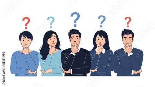 Diverse group of men and women thinking deeply with question marks above their heads representing team brainstorming and problem solving.