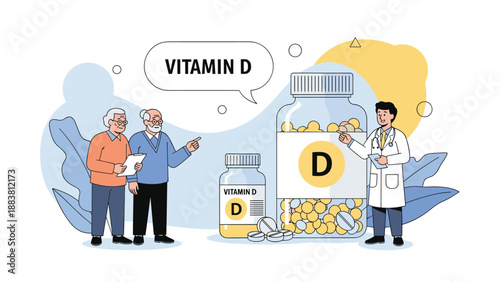 Senior couple receiving professional medical advice from a doctor about the health benefits and importance of Vitamin D supplements.