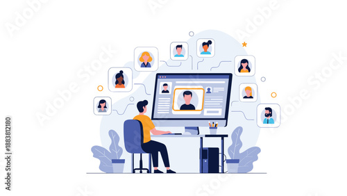 Recruitment specialist using a computer to manage a large network of professional profiles and select candidates for employment.