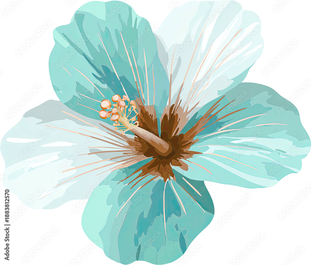 Obraz premium A vibrant, detailed illustration of a light blue hibiscus flower against a black backdrop