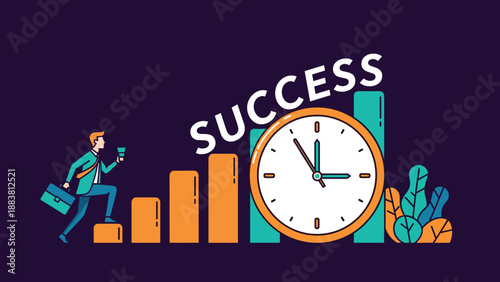 Ambitious professional climbing toward the word success on a bar chart while managing time effectively for his career growth.