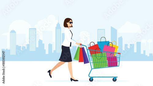Fashionable woman pushing a full shopping cart against a city skyline representing urban lifestyle and retail consumer culture.
