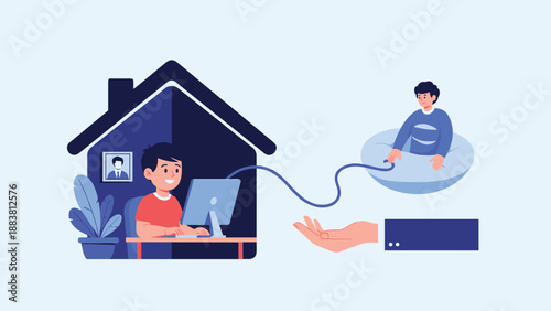 Child sitting at desk inside home using a computer connected to another person on an inner tube via an exceptionally long cable.