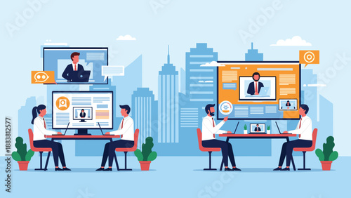 Modern corporate office environment with employees engaged in remote video conferences and digital collaboration with global teams.
