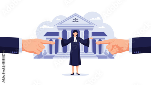 Female judge or lawyer standing between two giant hands pointing fingers towards her in a symbolic courtroom setting.
