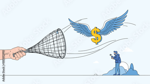 Giant hand trying to catch a flying gold dollar sign with blue wings using a net while a small man watches in awe.