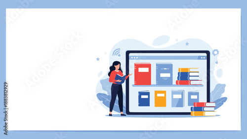 Woman standing in front of a giant digital tablet showing an online library of colorful books for modern education.