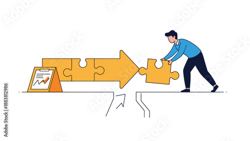 Man connecting a puzzle piece into a giant golden arrow over a ground gap representing a creative solution and progress.