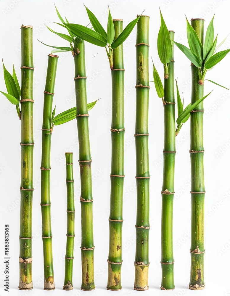 Fototapeta premium Vibrant Green Bamboo Stalks with Fresh Leaves on a Clean White Background.