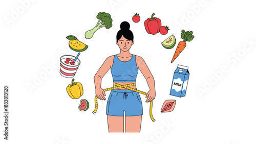 Healthy woman measuring her waist with a yellow tape surrounded by nutritious organic food for weight loss and fitness.