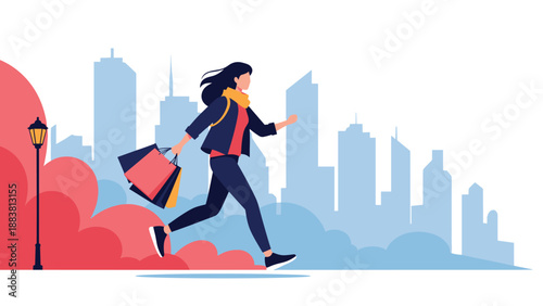 Energetic woman running through a city park with shopping bags representing a fast-paced retail consumer lifestyle.
