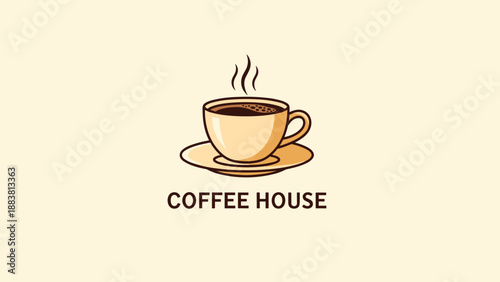 Minimalist coffee house logo featuring a steaming cup of dark coffee on a saucer with the brand name text below the icon.
