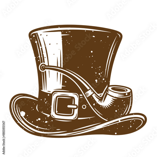 Drawing Vintage grunge  texture Brown top hat with buckle and smoking pipe on white background