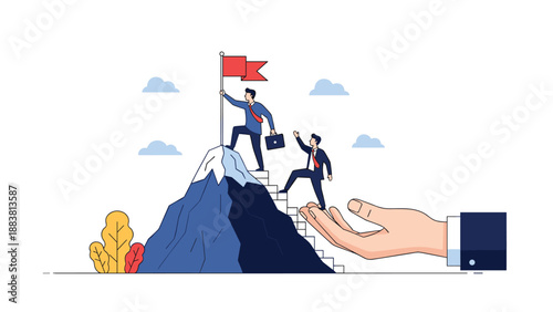 Large business hand helping a small businessman climb a mountain toward a red flag at the peak to represent mentorship and support.