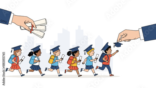 Diverse group of school children running toward two giant hands giving out graduation caps and diplomas against a city skyline.