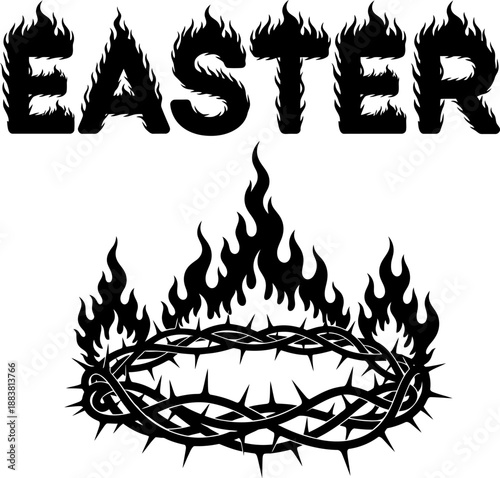 Happy easter greeting with fiery crown of thorns symbolizing resurrection and eternal life