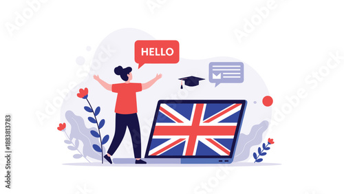 Woman raising her arms in joy in front of a laptop showing the United Kingdom flag for English language learning and education.