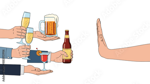 Several hands offering different alcoholic drinks to a single hand making a stop gesture for sobriety and healthy choices.