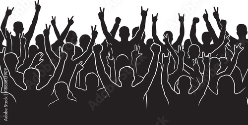Energetic cheering crowd silhouette with raised hands and victory signs, symbolizing celebration, unity, success, concert audience, festival excitement, and collective enthusiasm