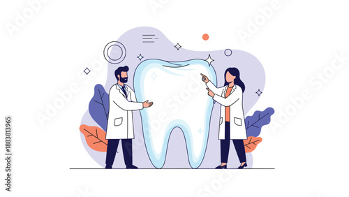 Male and female dentists in white coats standing next to a giant clean white tooth to represent dental care and hygiene.