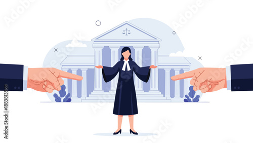 Professional female judge standing between two large pointing hands in front of a classical courthouse building for justice.