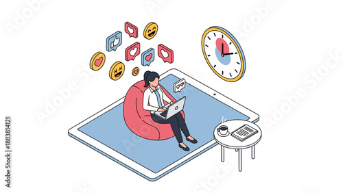 Young woman sitting on a bean bag chair using a laptop on a giant smartphone surrounded by social media icons and a clock.