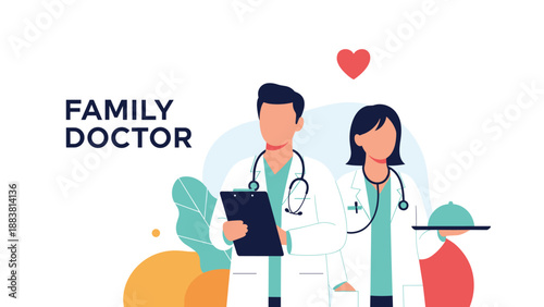 Illustration of a male and female family doctor team standing together in white coats with a heart icon representing family healthcare.