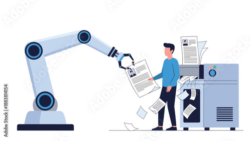 Industrial robotic arm selecting job resumes from a printing machine next to a human worker, illustrating recruitment automation technology.