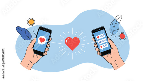 Close up of two hands holding smartphones with heart icons on the screens and a large central heart representing online dating and love.